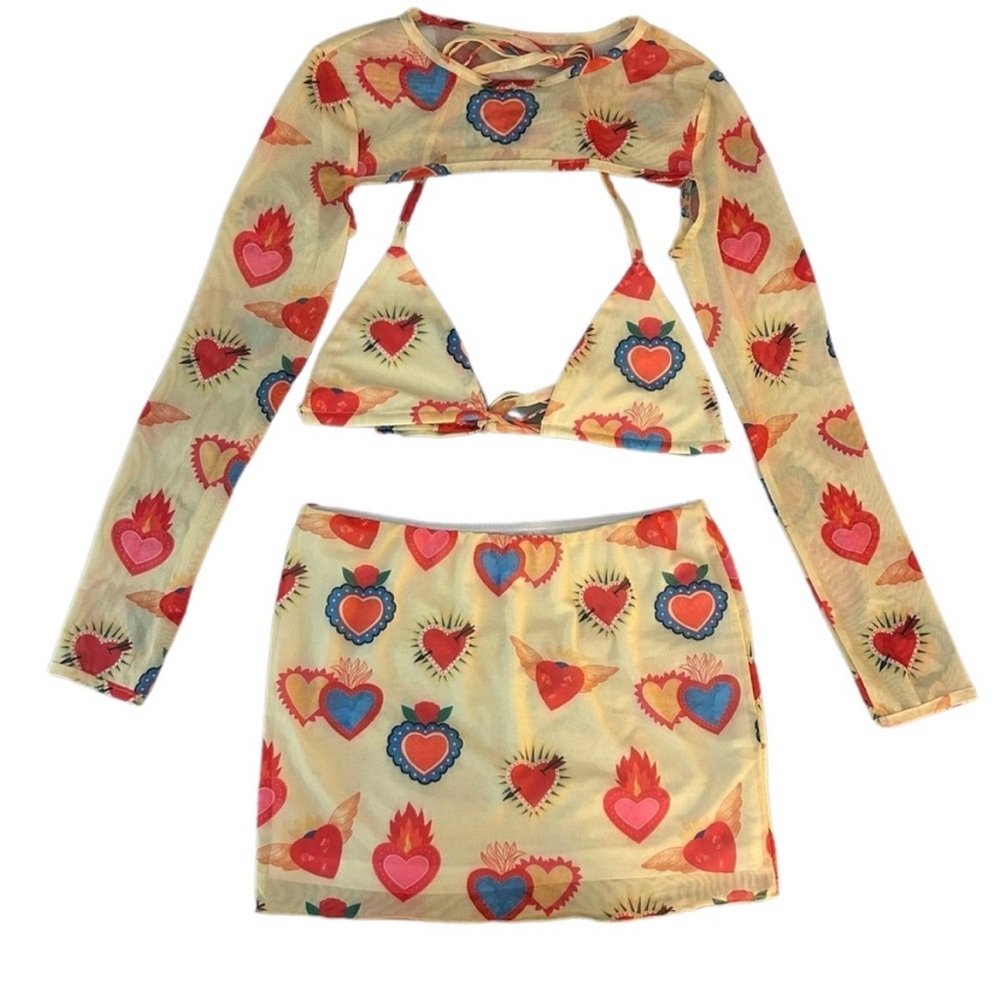 Beginning Boutique Heart Print Skirt Set - Cream, Red, Blue